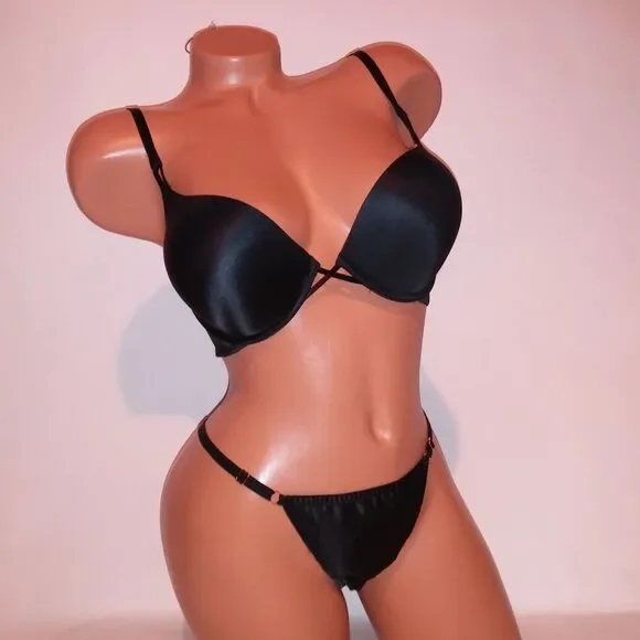 Victoria Secret Bra Set 32D Bombshell Push Up Small Panty Black Thong Solid New